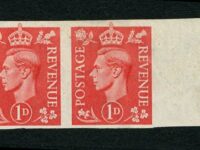 1941 1d Pale Scarlet. Marginal Horizontal Pair Imperforate