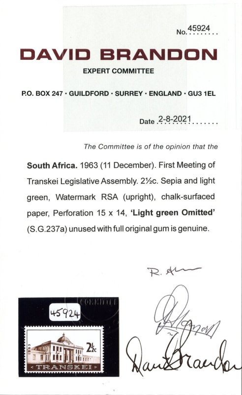 South Africa 1963 2½c Transkei Assembly Green Omitted - Image 4