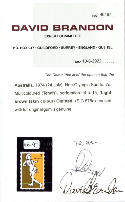Australia 1974 Tennis 7c Light Brown Omitted - Image 3