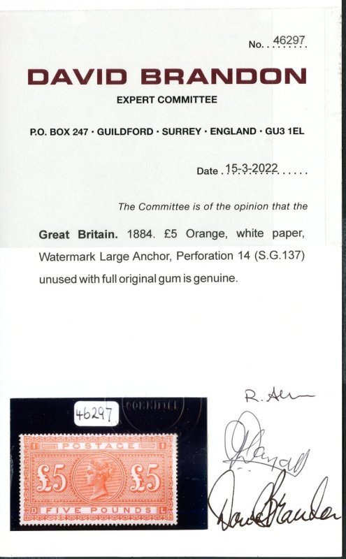 1882 £5 Orange Unmounted Mint Gem - Image 3
