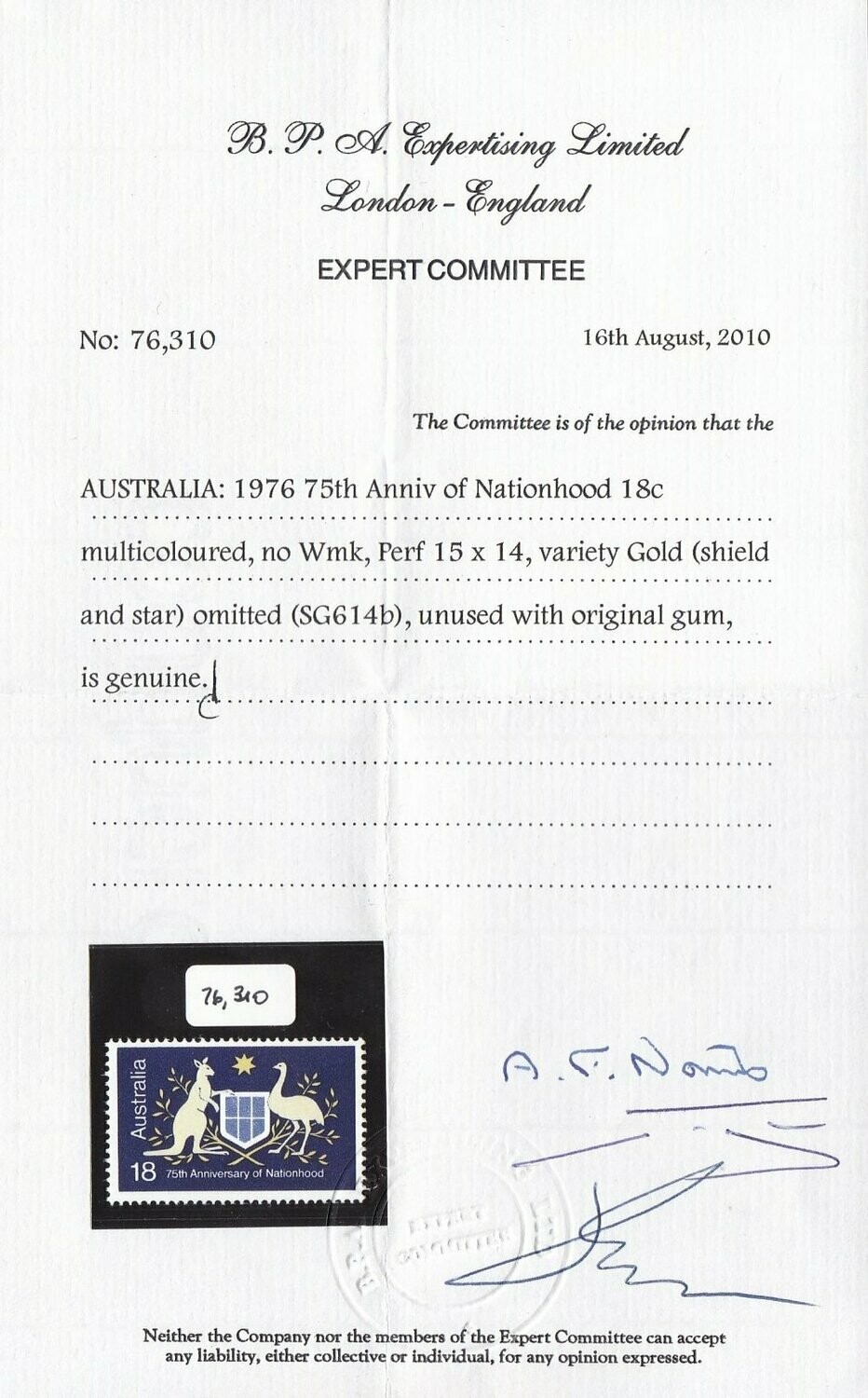 Australia 1976 Nationhood 18c Gold Omitted - Image 3