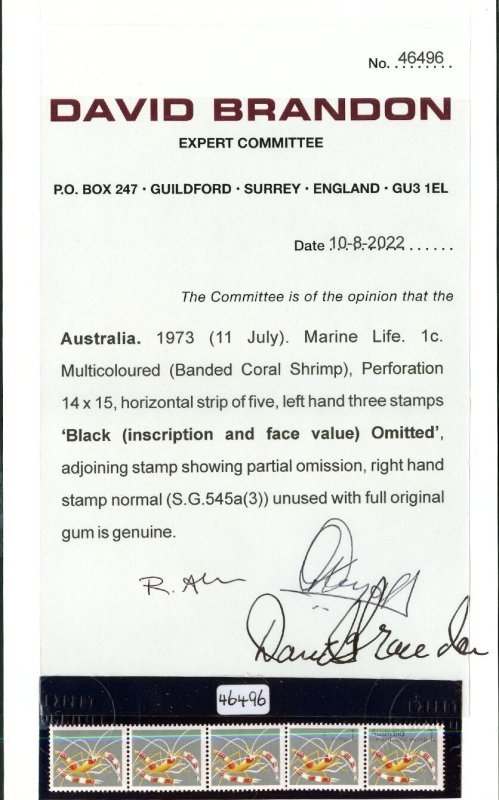 Australia 1973 Shrimp Black Omitted Strip - Image 3