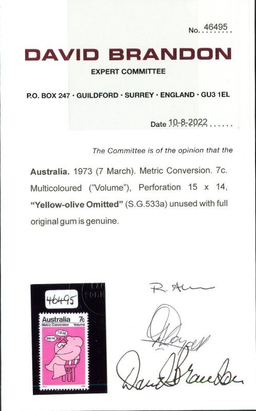 Australia 1973 Metric 7c Yellow-Olive Omitted - Image 3