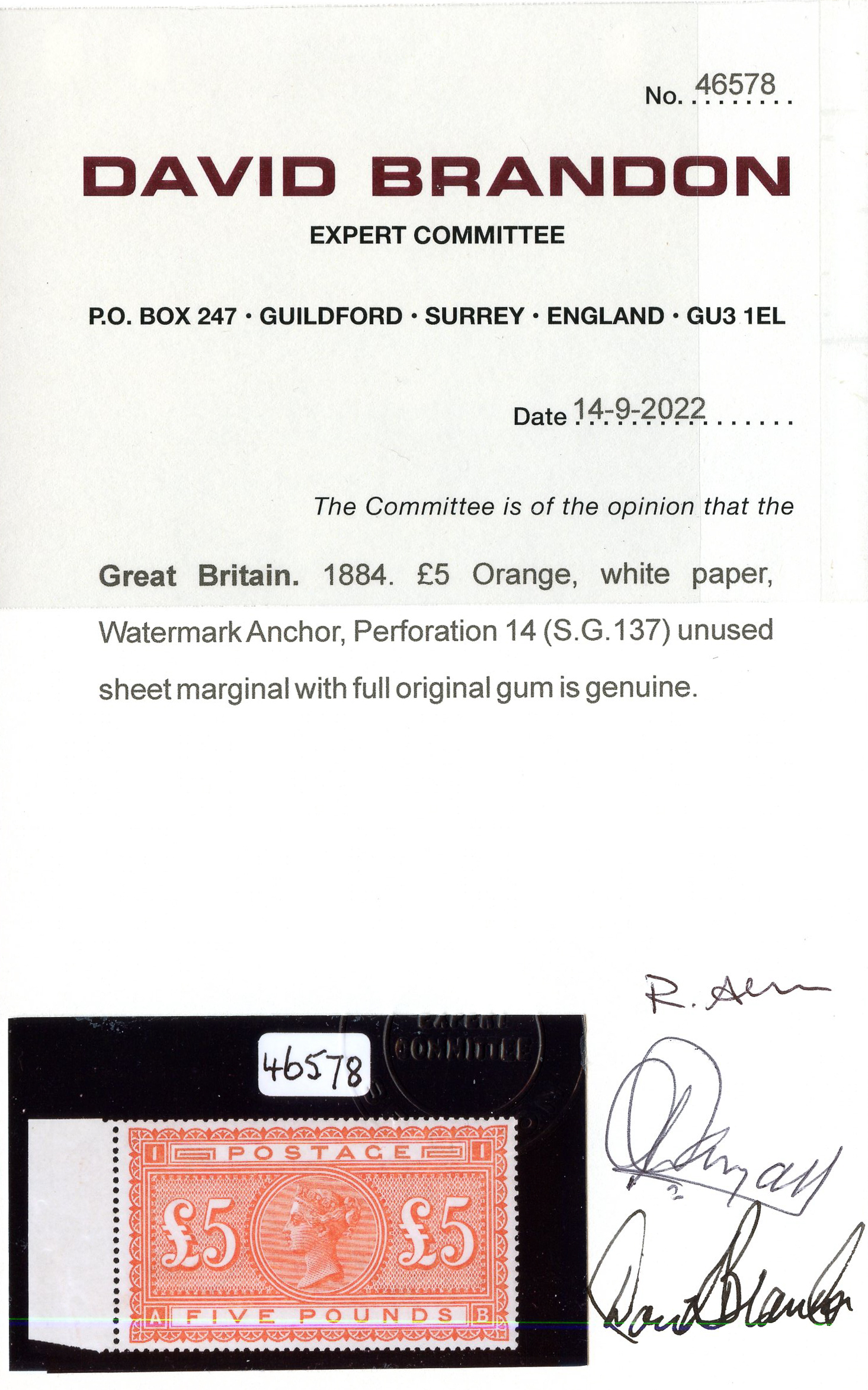 1882 £5 Orange Unmounted Mint Marginal Perfection - Image 3