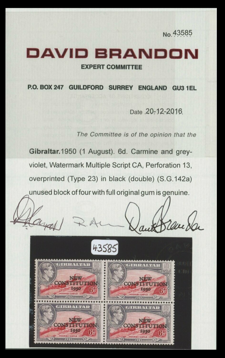 Gibraltar 1950 New Constitution 6d Overprint Double - Image 4