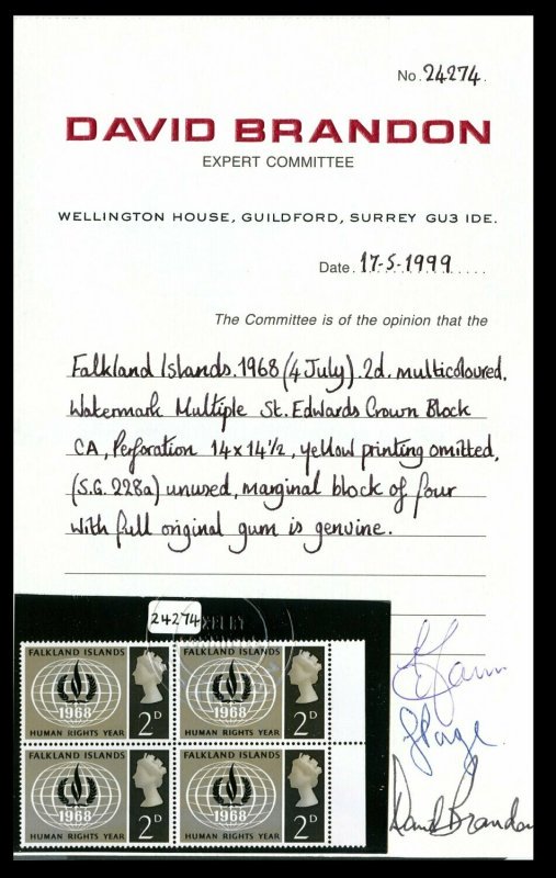 Falkland Islands 1968 Human Rights Yellow Omitted - Image 3