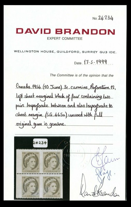 Canada 1954 3c Carmine Block Imperforate Vertically - Image 3
