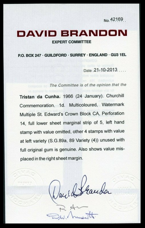 Tristan Da Cunha 1966 Churchill 1d Value Omitted - Image 3