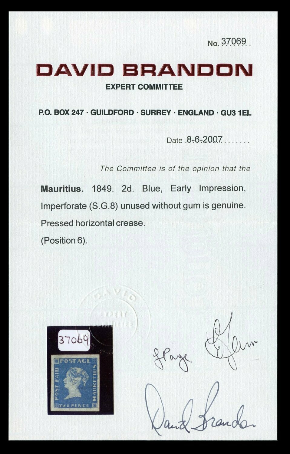 Mauritius 1849 2d Blue Early Impression - Image 3