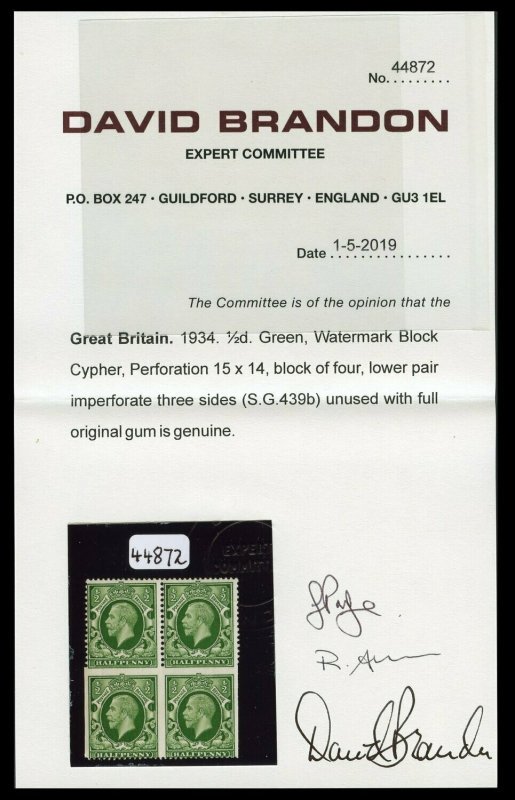 1934 ½d Green. The Imperforate Three Sides Block - Image 3