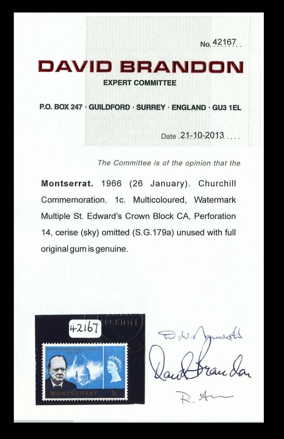 Montserrat 1966 Churchill 1c Cerise Omitted - Image 3