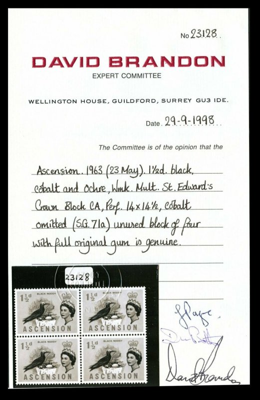 Ascension 1963  1½​d Black Noddy Bird Block Cobalt Omitted - Image 3