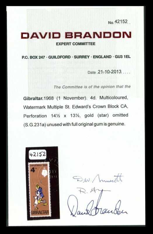 Gibraltar 1968 Christmas 4d Gold Omitted - Image 3