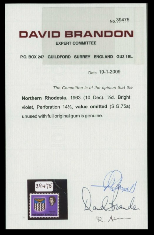 Northern Rhodesia 1963 ½c Arms Black Omitted - Image 3