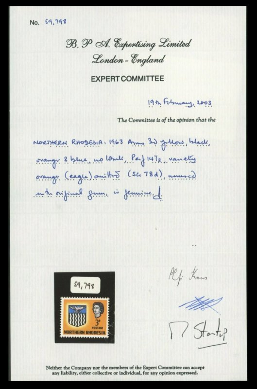 Northern Rhodesia 1963 3c Arms Orange Omitted - Image 3