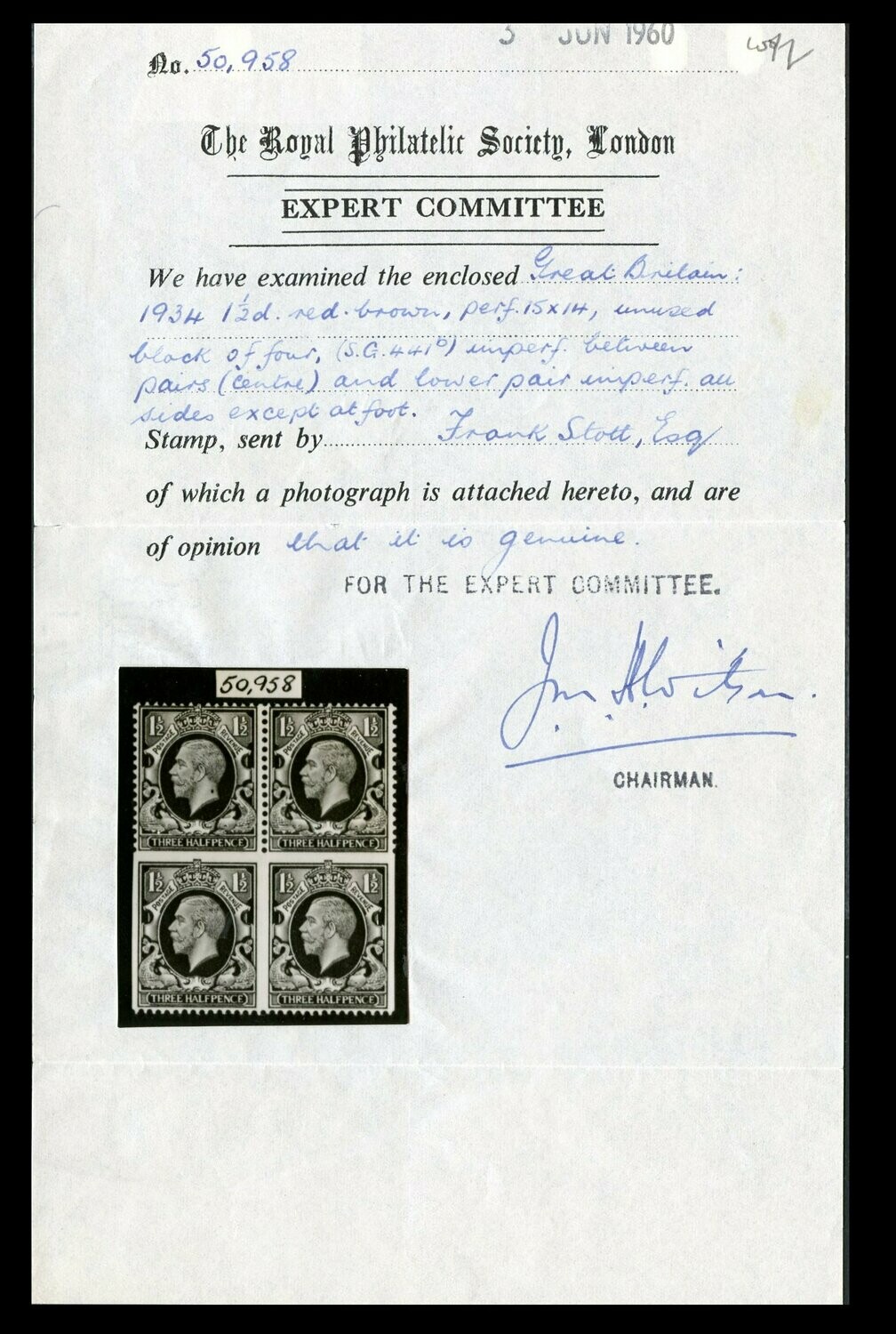 1934 1½d Red-Brown Imperforate Three Sides Block.SG441b - Image 3