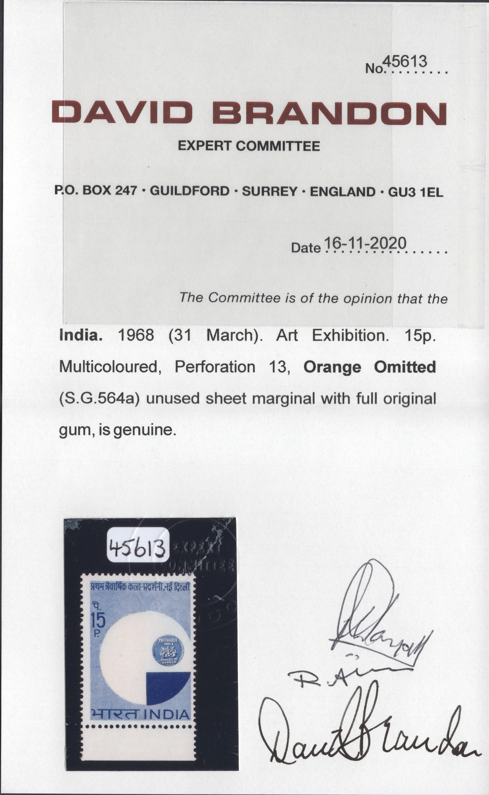 India 1968 First Triennale Art Exhibition 15p Orange Omitted - Image 4