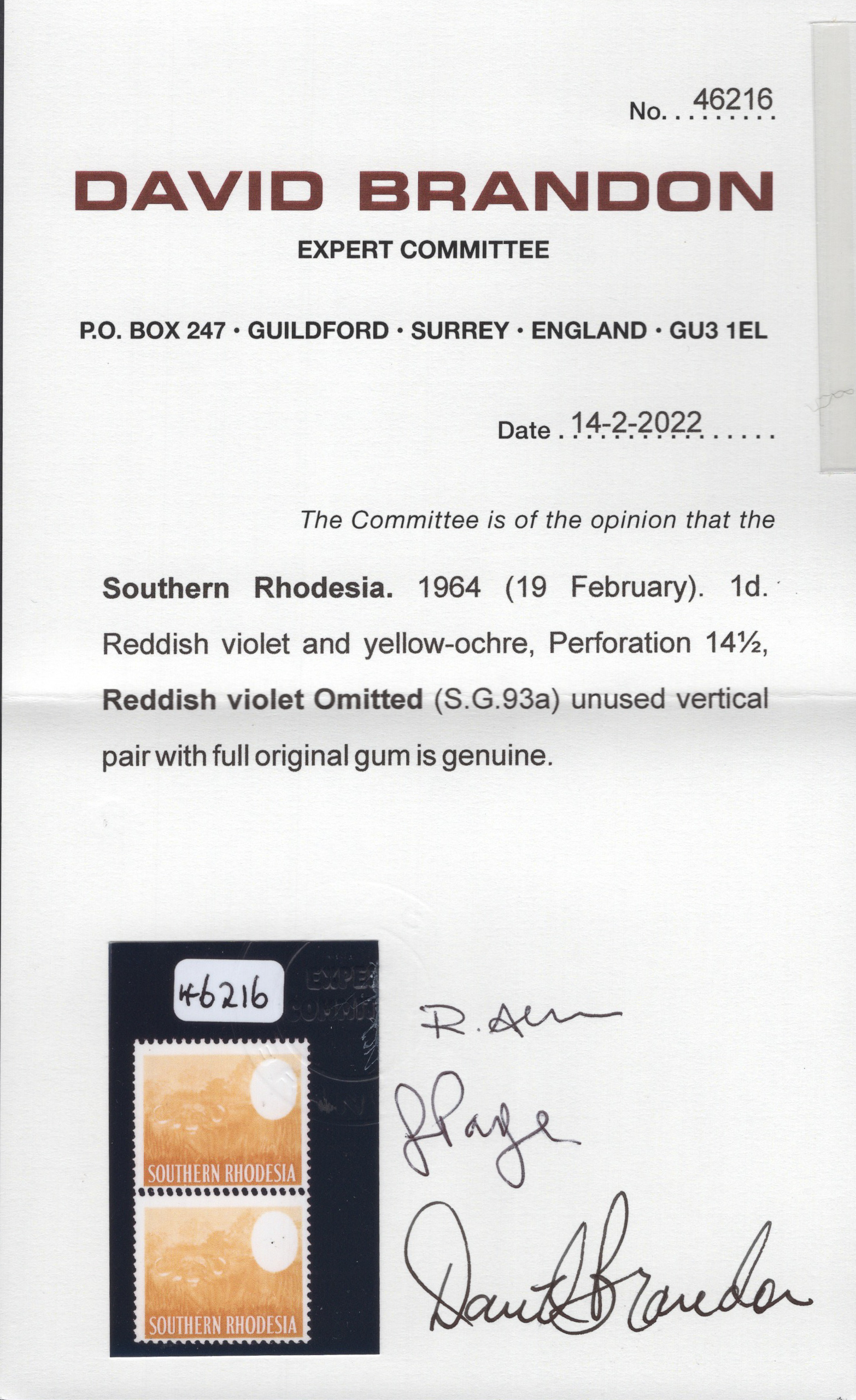 Southern Rhodesia 1964 1d Buffalo Reddish Violet Omitted - Image 3