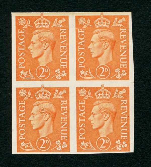 1941 2d Pale Orange. Block Of Four Imperforate