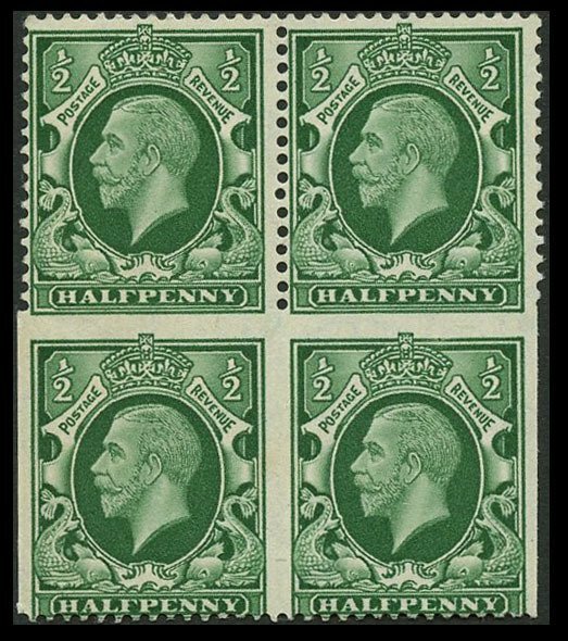 1934 ½d Green. The Imperforate Three Sides Block