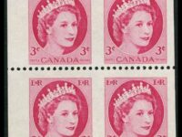 Canada 1954 3c Carmine Block Imperforate Vertically