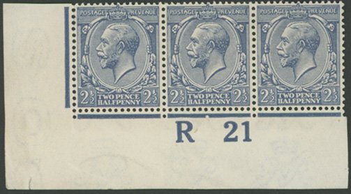 1921 2½d Dull Prussian Blue Control Strip.