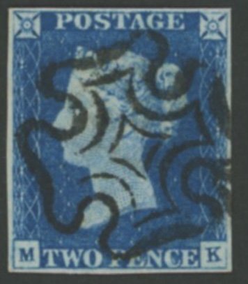 1840 2d Blue (Plate I) lettered M-K Superb Used