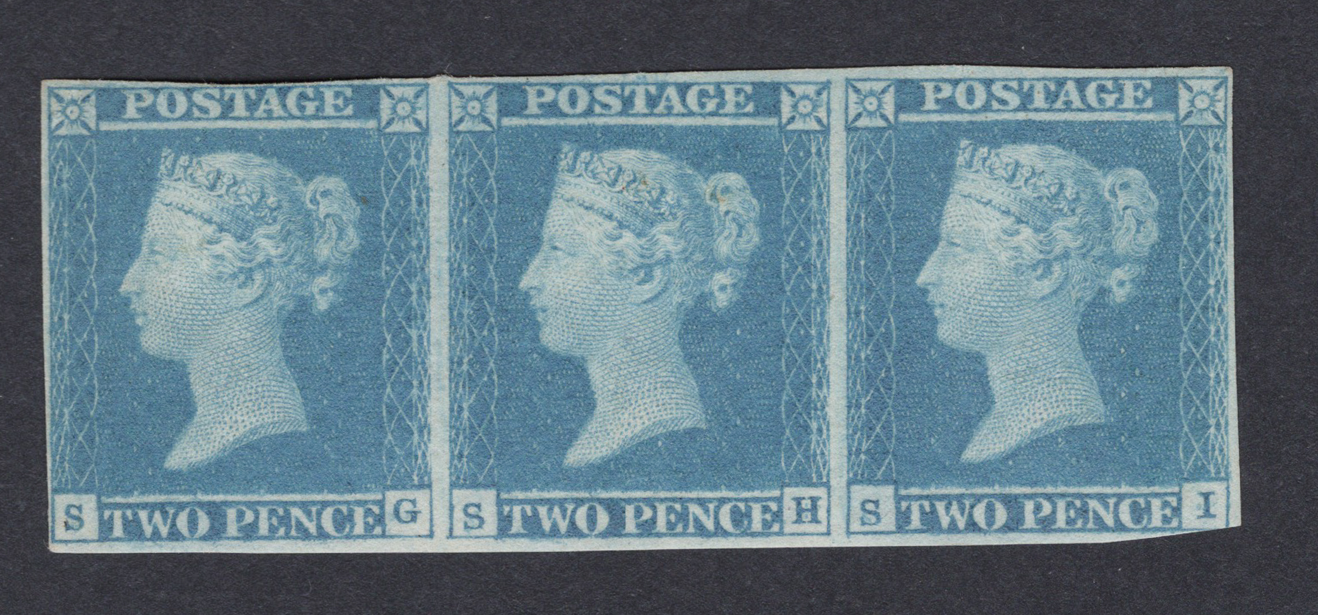 1841 2d Pale Blue (Plate 3) Mint Strip Of Three Shifted Transfer