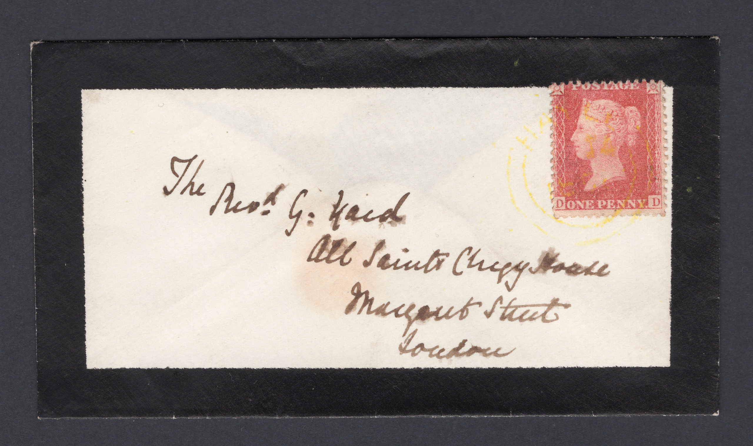 1857 1d Deep Rose-Red Mourning Envelope Yellow Hayle Postmark. Unique.