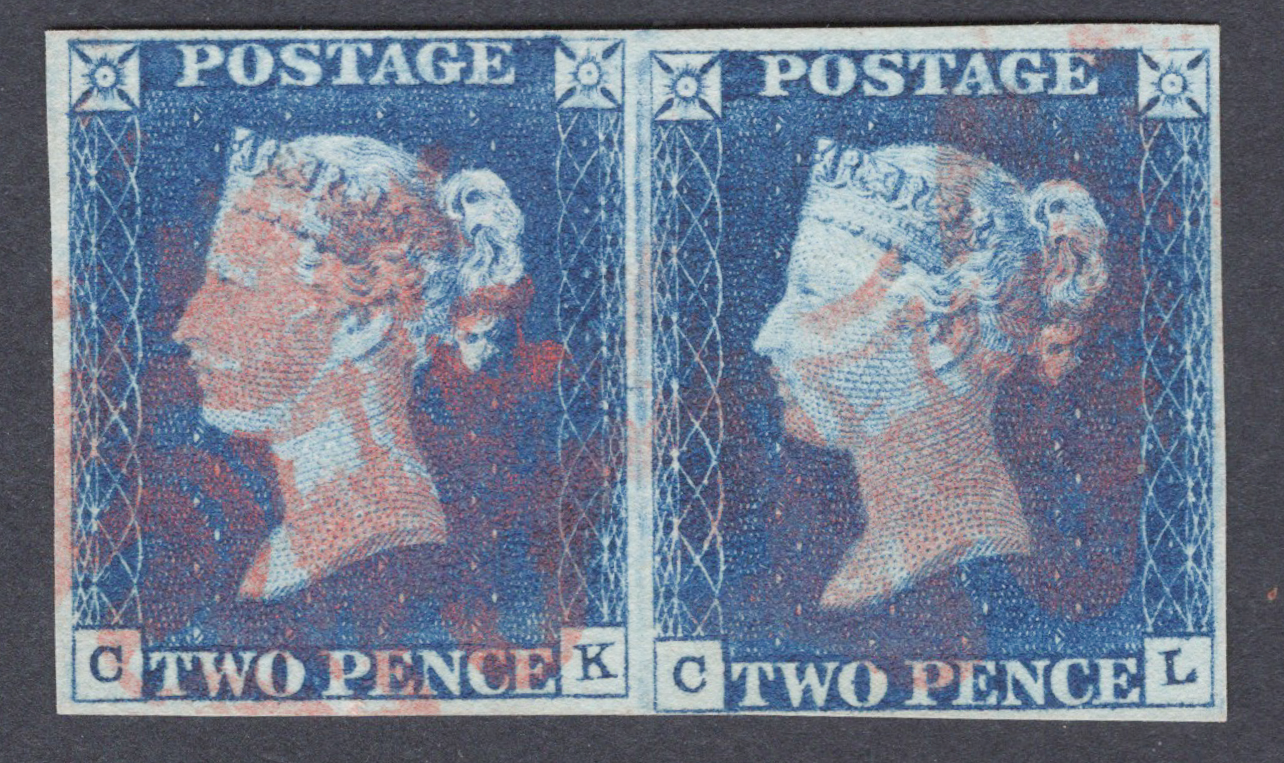 1840 2d Deep Full Blue (Plate I) Lettered C-K/C-L Used Horizontal Pair