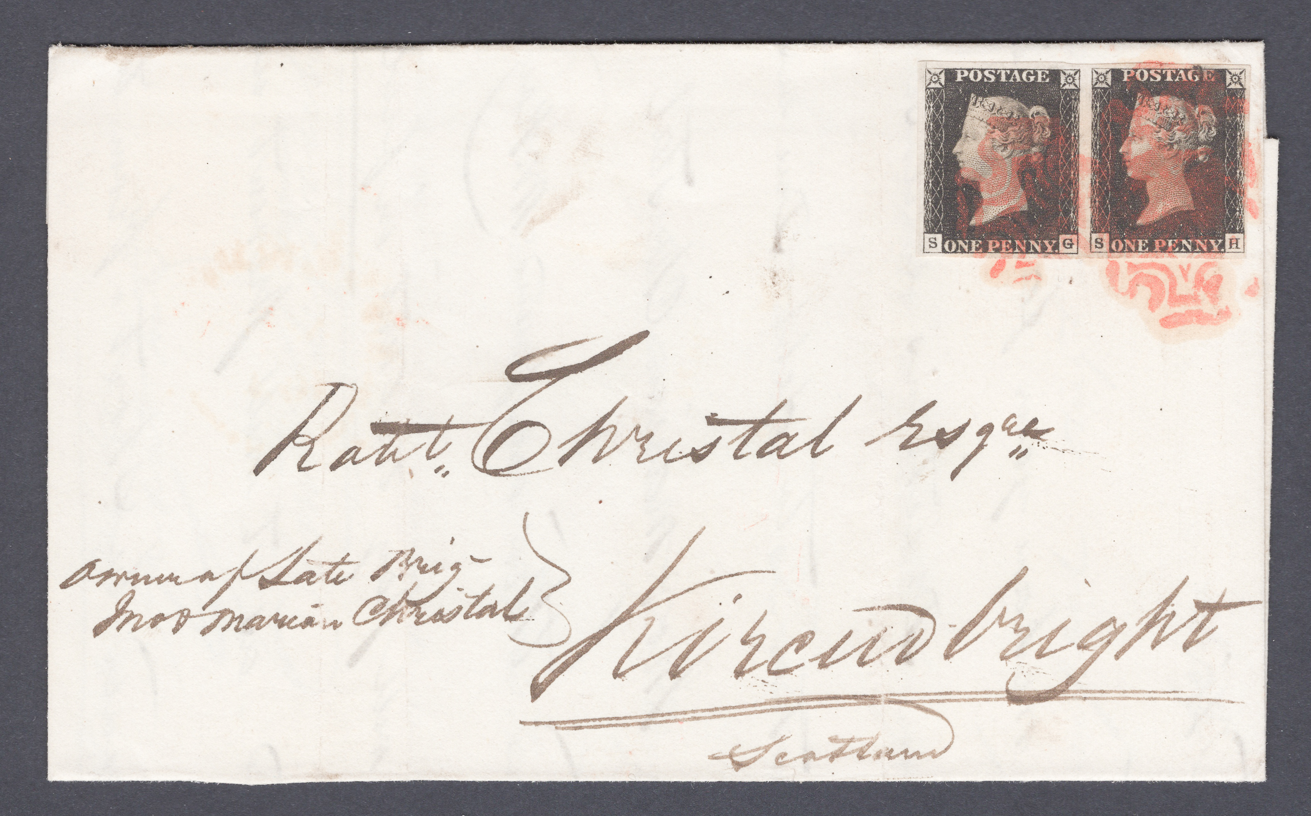 1840 1d Intense Black (Plate 1b) Pair Lettered S-G/S-H Entire