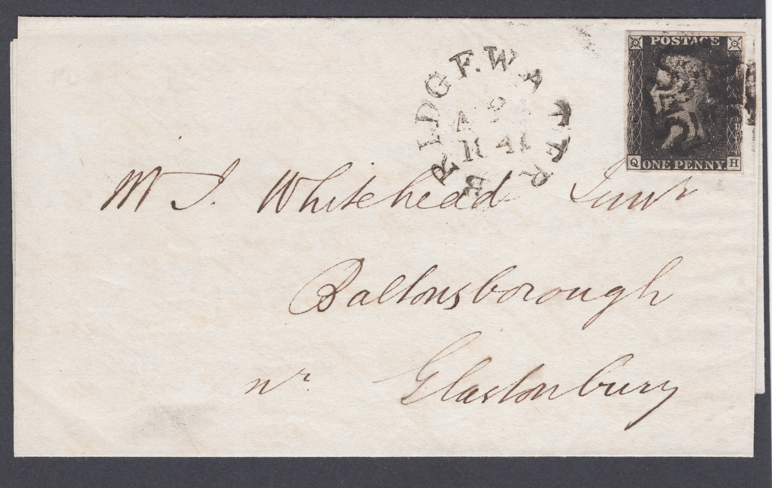1840 1d Black (Plate XI) Lettered Q-H Entire