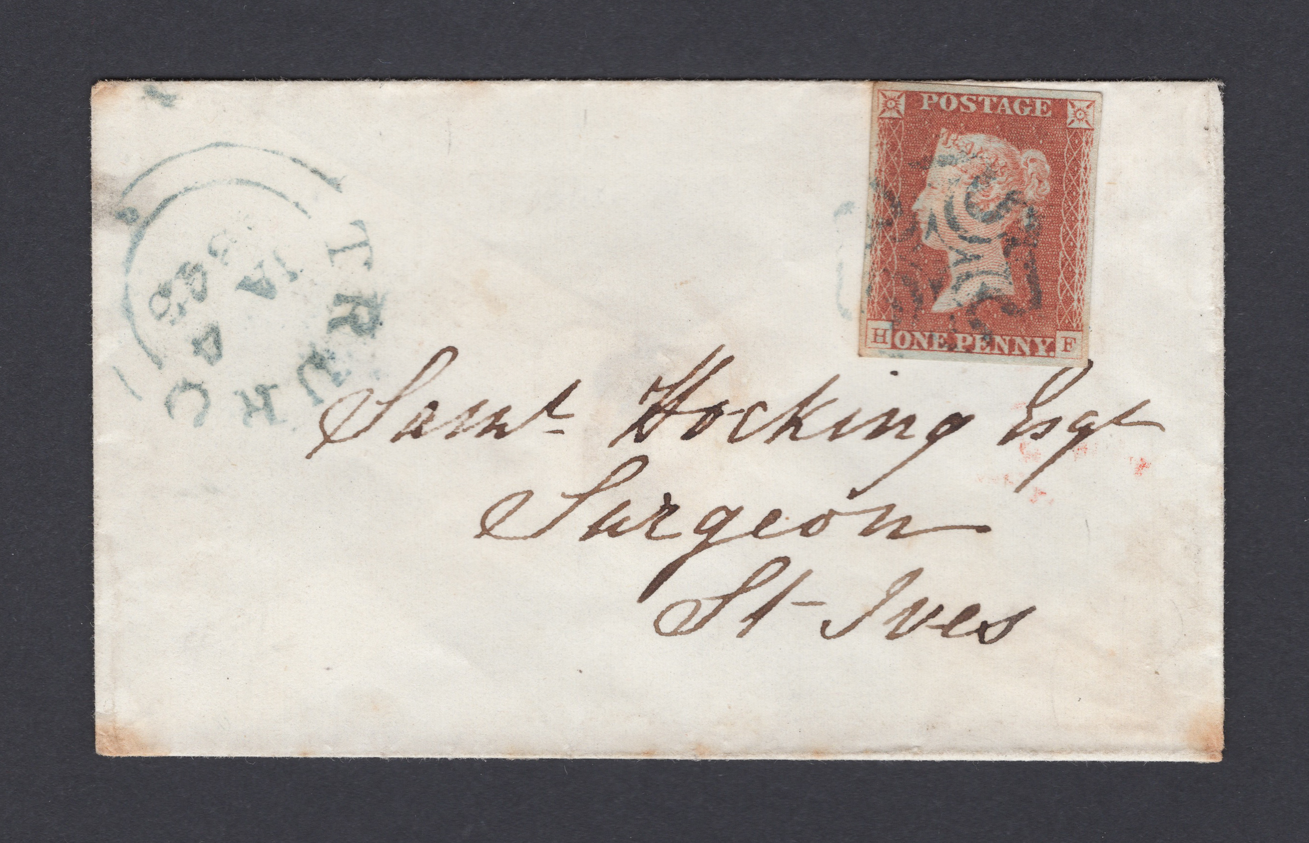 1843 1d Red-Brown Small Envelope To Truro Blue Maltese Cross