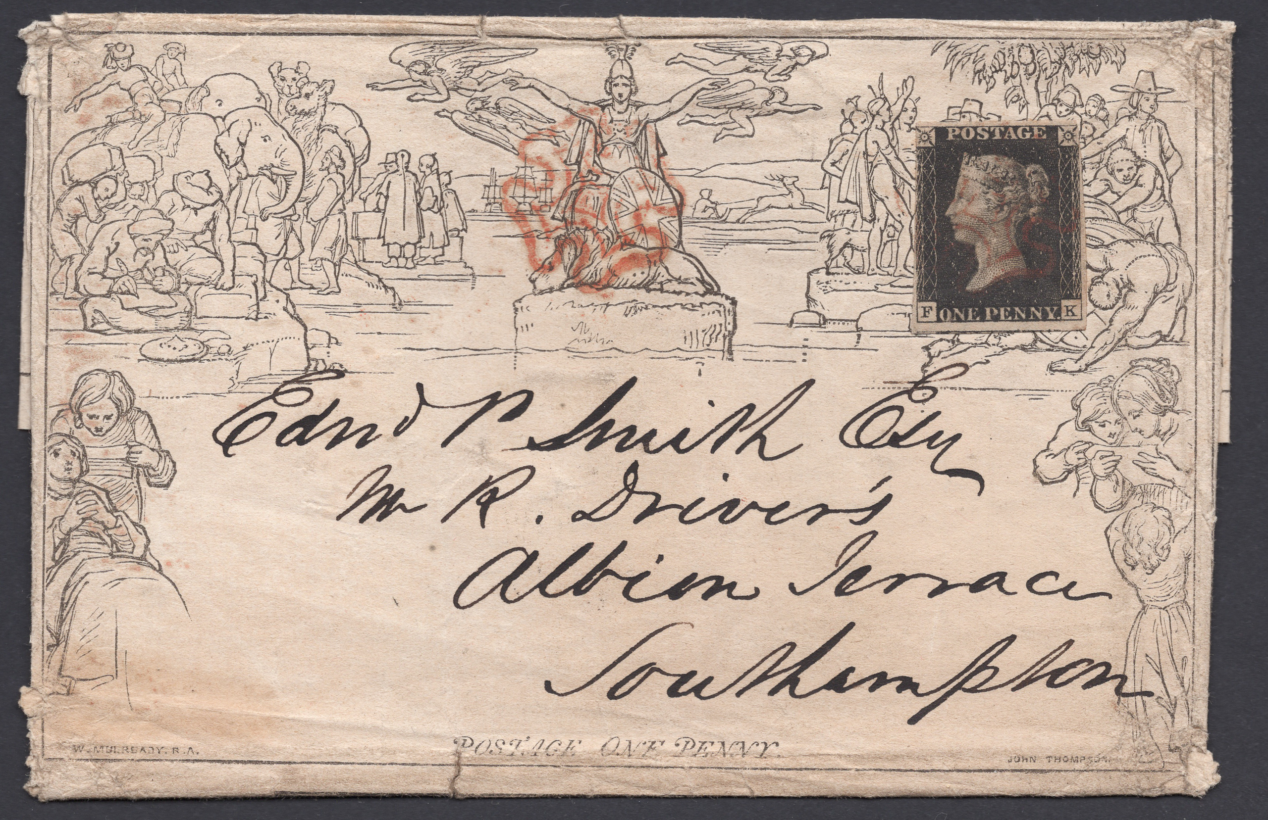 1840 1d Mulready Letter Sheet From Chesterfield Additional 1d Black