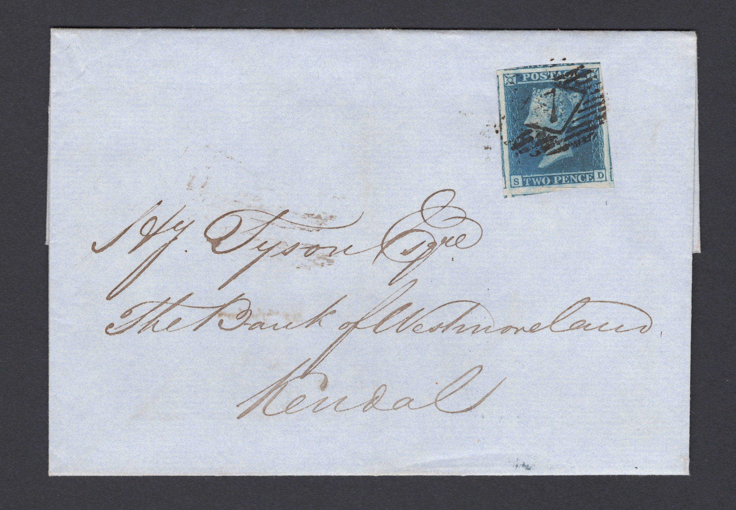 1844 2d Blue (Plate III) Lettered S-D Used On Neat Wrapper