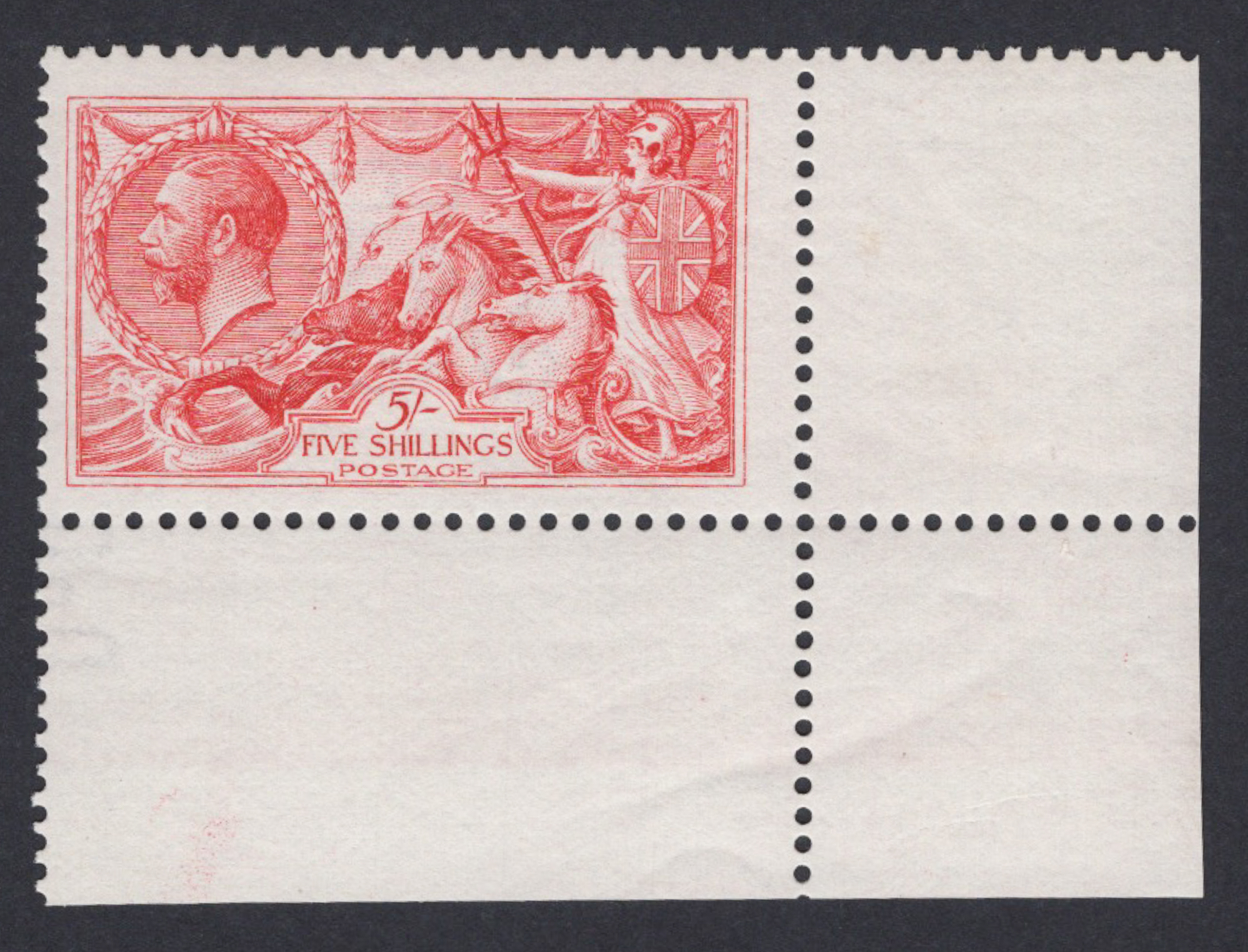 1913 5/- Rose-Carmine Unmounted Corner Example