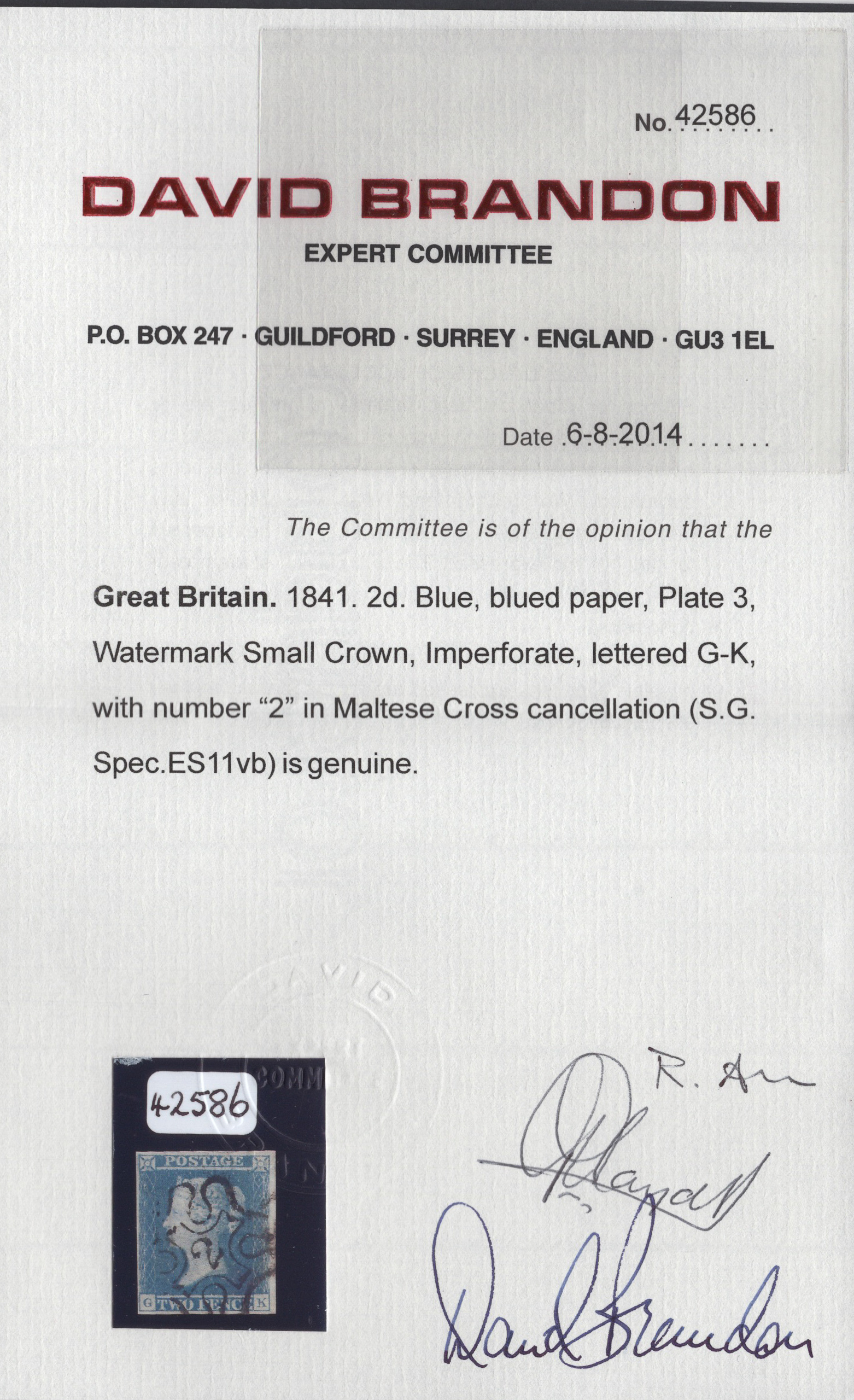1841 2d Blue (Plate 3) Lettered G-K Numeral '2' In Maltese Cross - Image 3