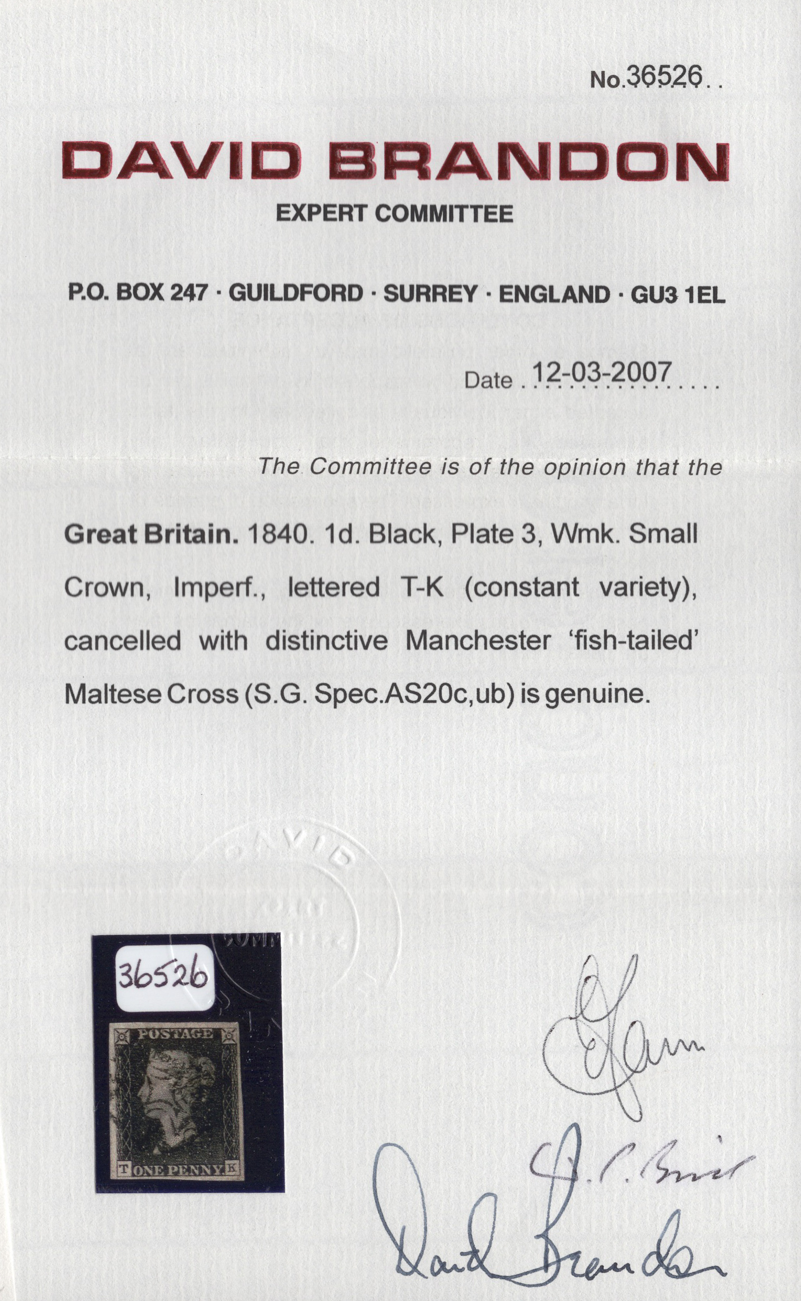 1840 1d Black (Plate III) Lettered T-K Manchester Fish-Tail - Image 3