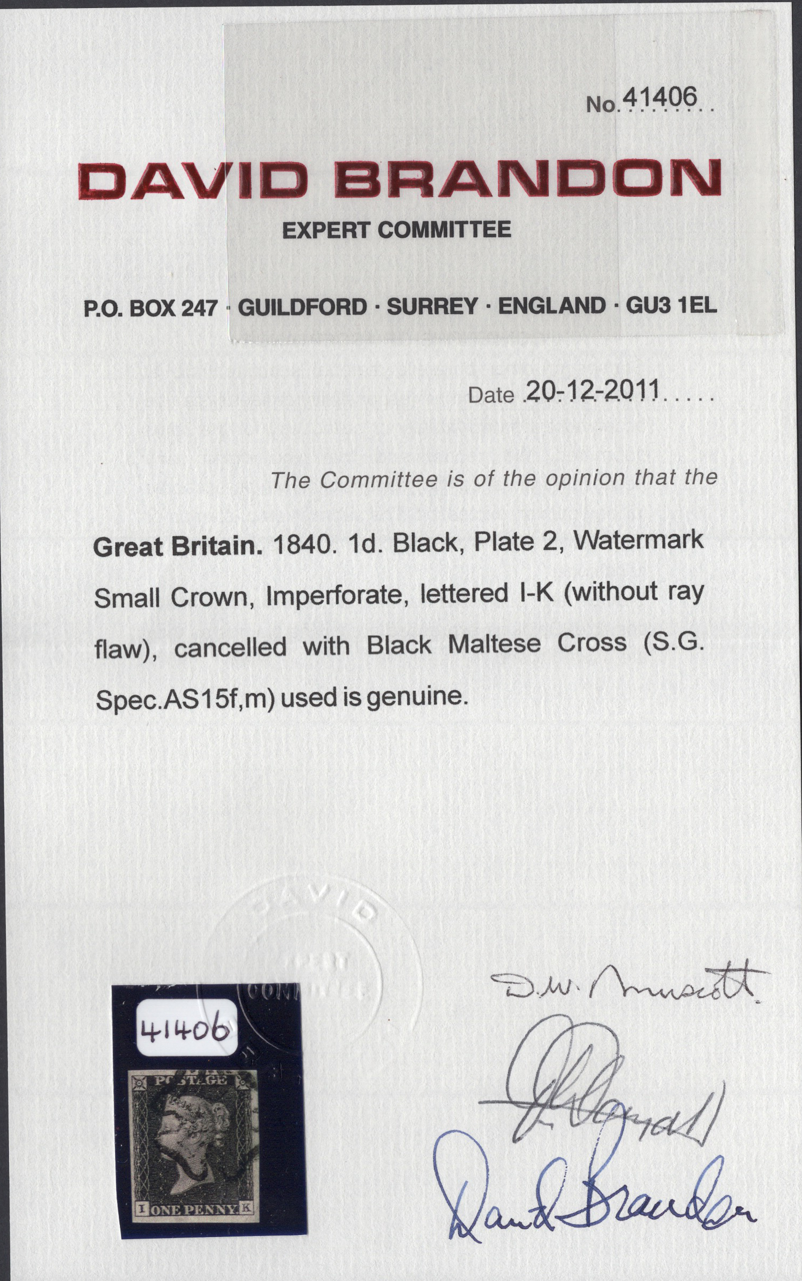 1840 1d Black (Plate II) Lettered I-K (Without Ray Flaw) - Image 3