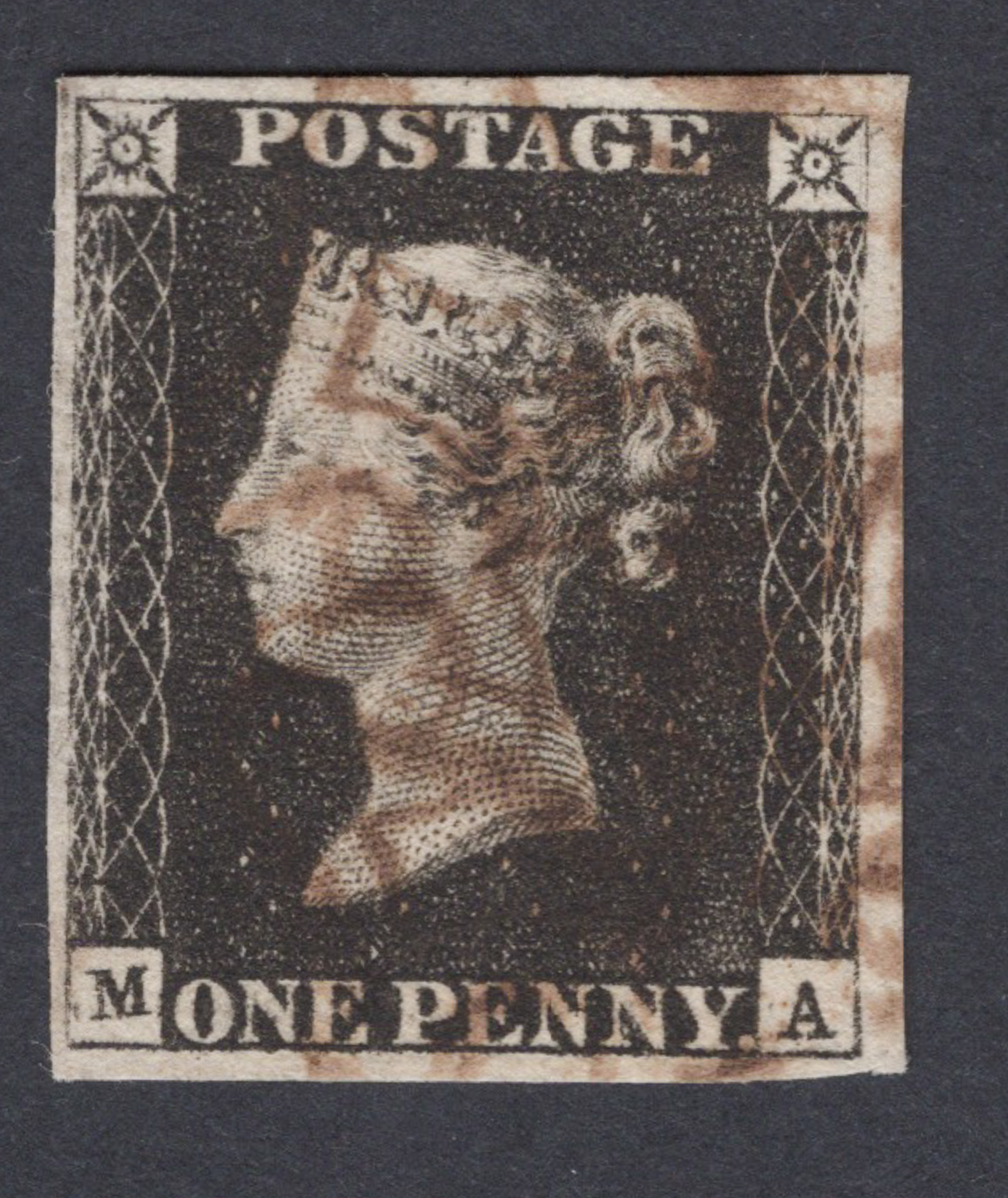1840 1d Intense Black (Plate IV) Lettered M-A Brown Maltese Cross