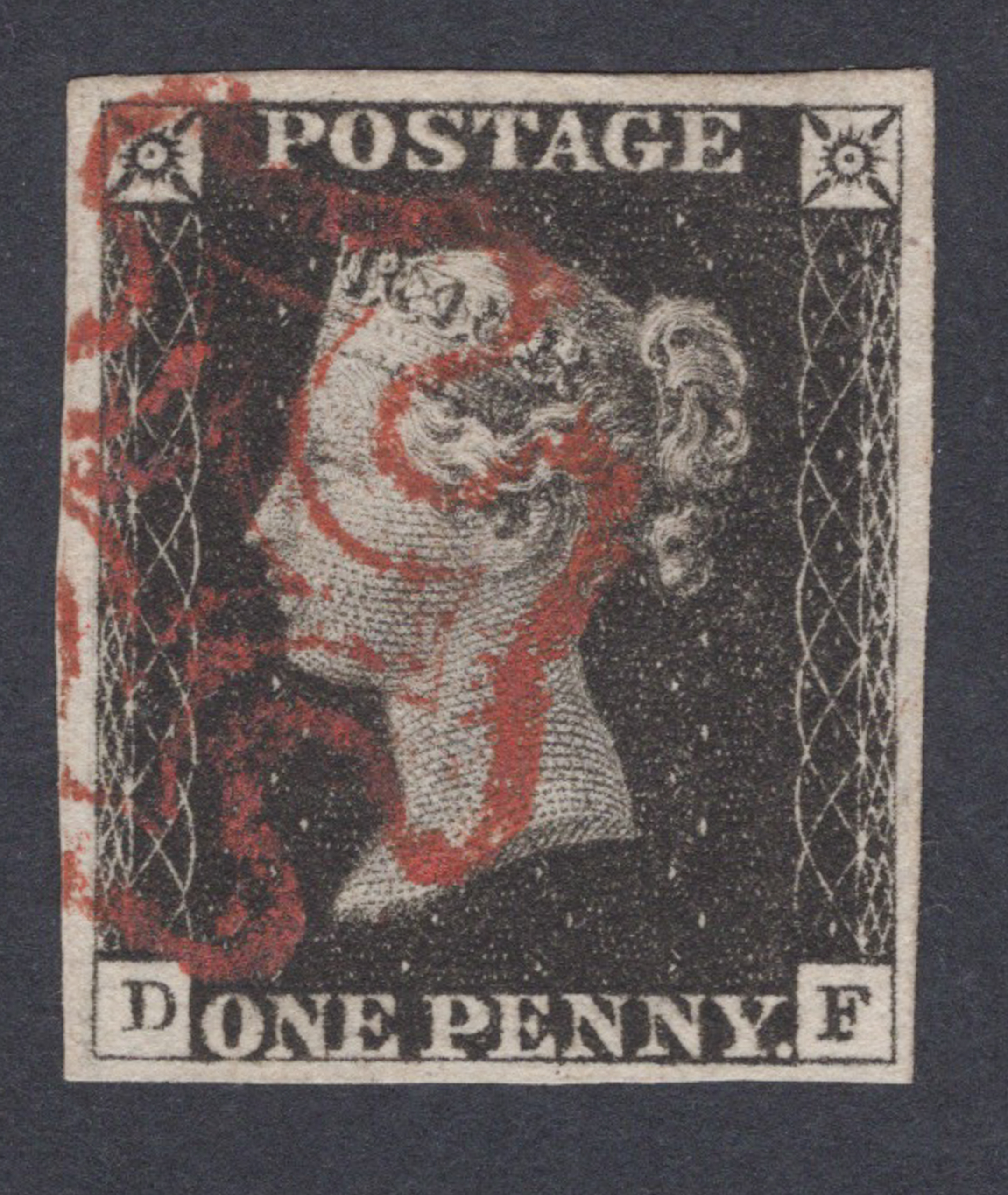 1840 1d Intense Black (Plate 1B) Letter D-F Burr Rubs & Roller Flaw