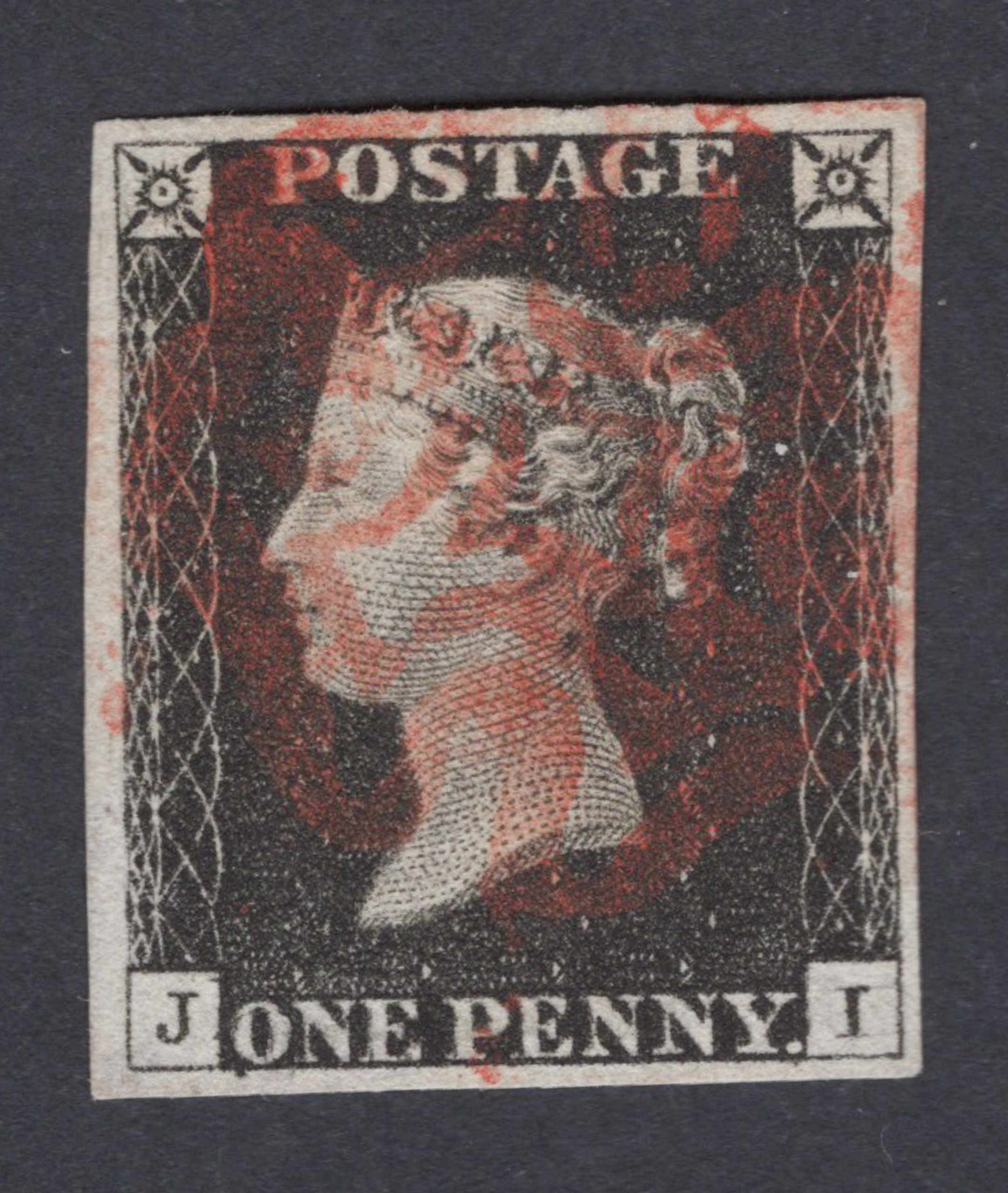 1840 1d Intense-Black (Plate 1b) Lettered J-I Watermark Inverted
