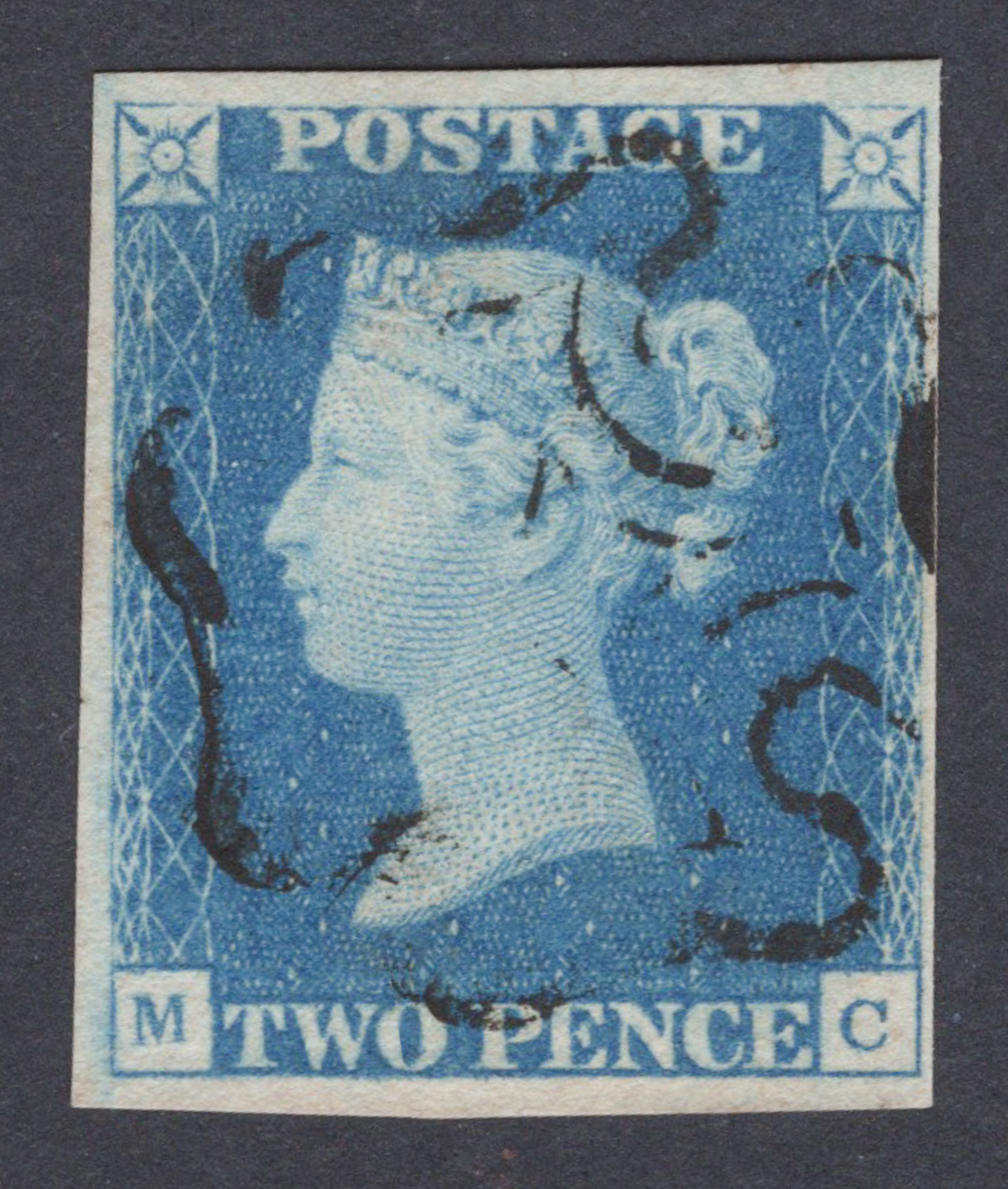 1840 2d Blue (Plate II) Lettered M-C