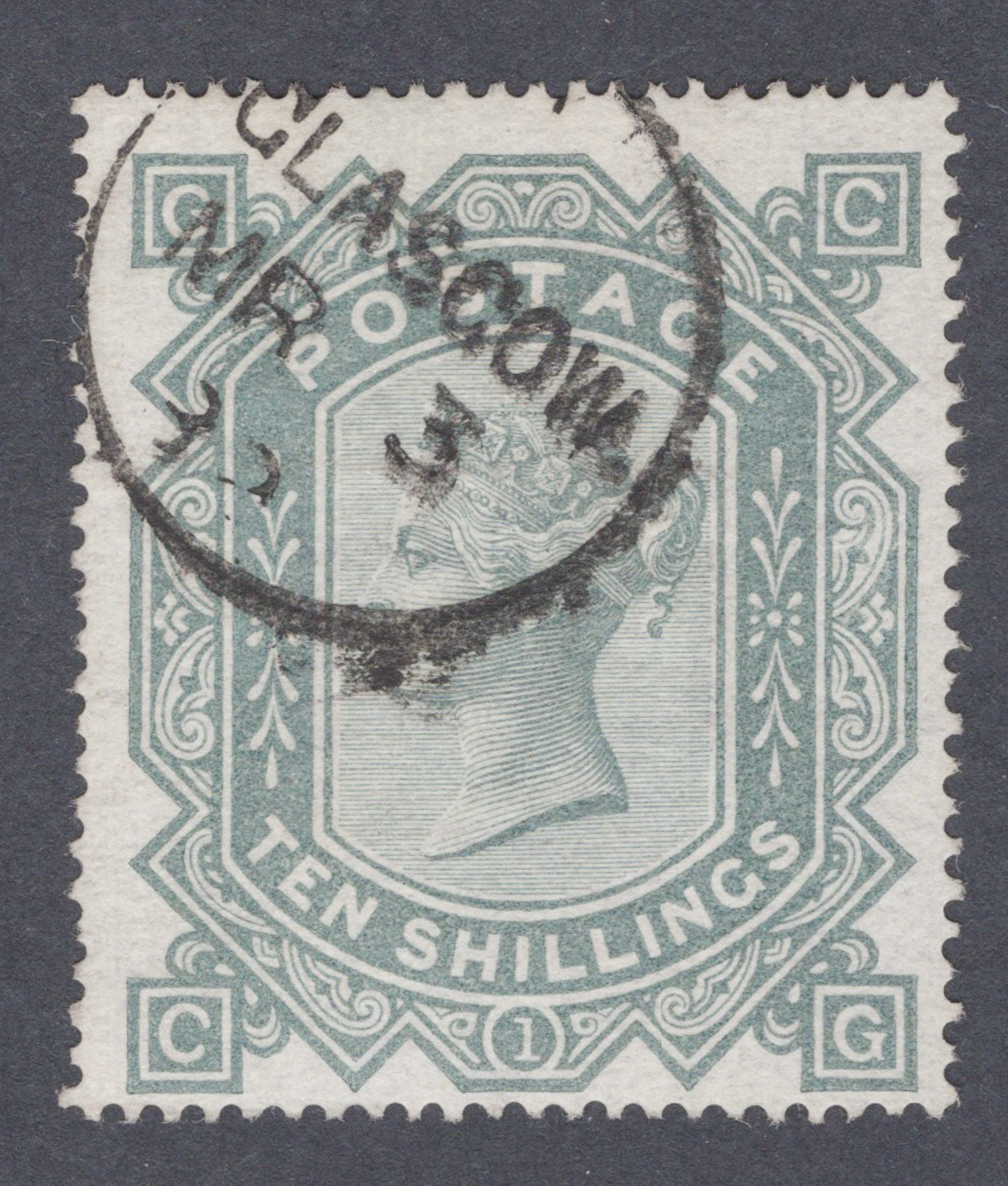 1878 10/- Greenish Grey Brilliant Used GLASGOW C.D.S.