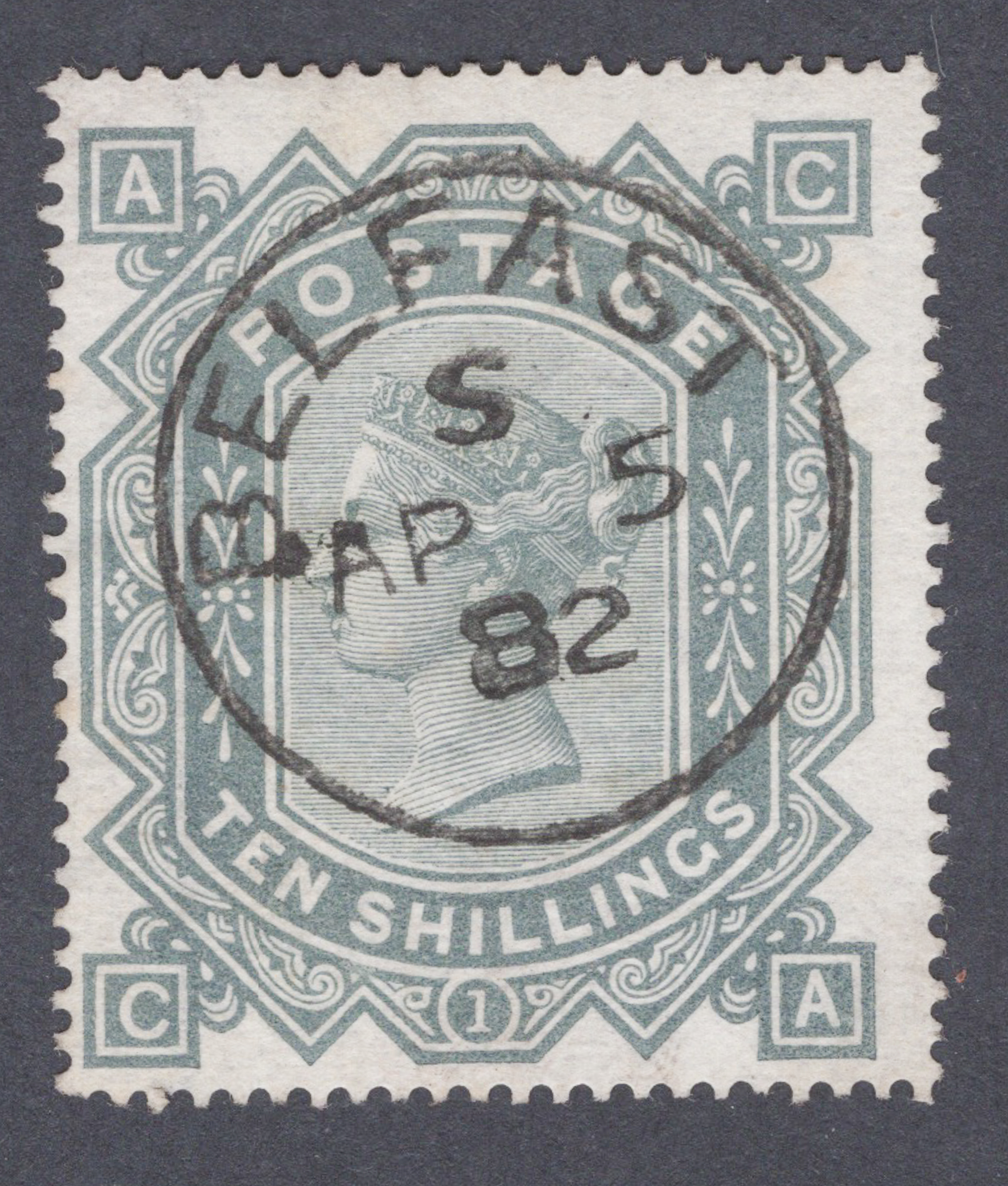 1878 10/- Greenish Grey Brilliant Used BELFAST C.D.S.