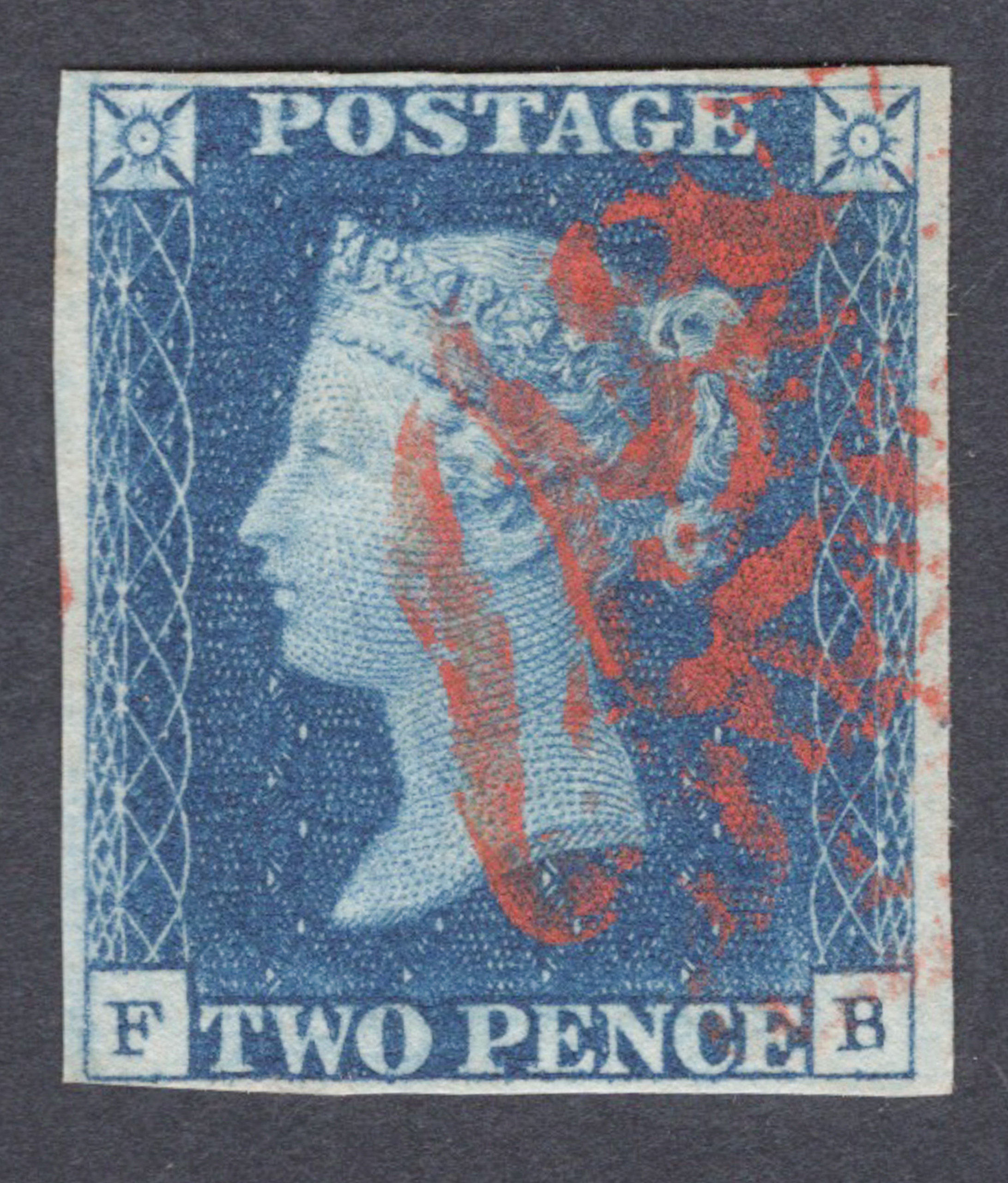 1840 2d Blue (Plate II) Lettered F-B Red Cancelled Red Maltese Cross