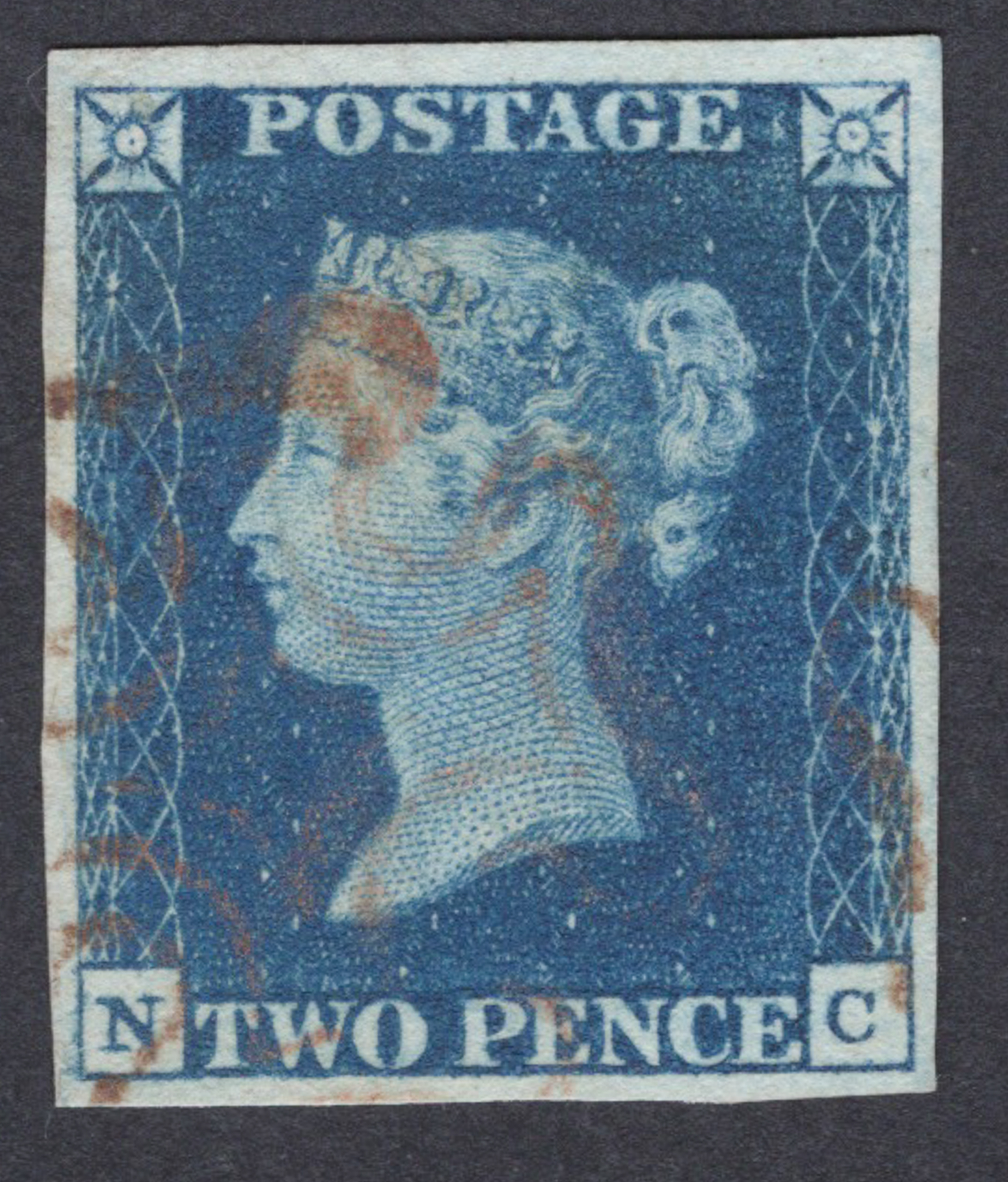 1840 2d Blue (Plate II) Lettered N-C Red Maltese Cross