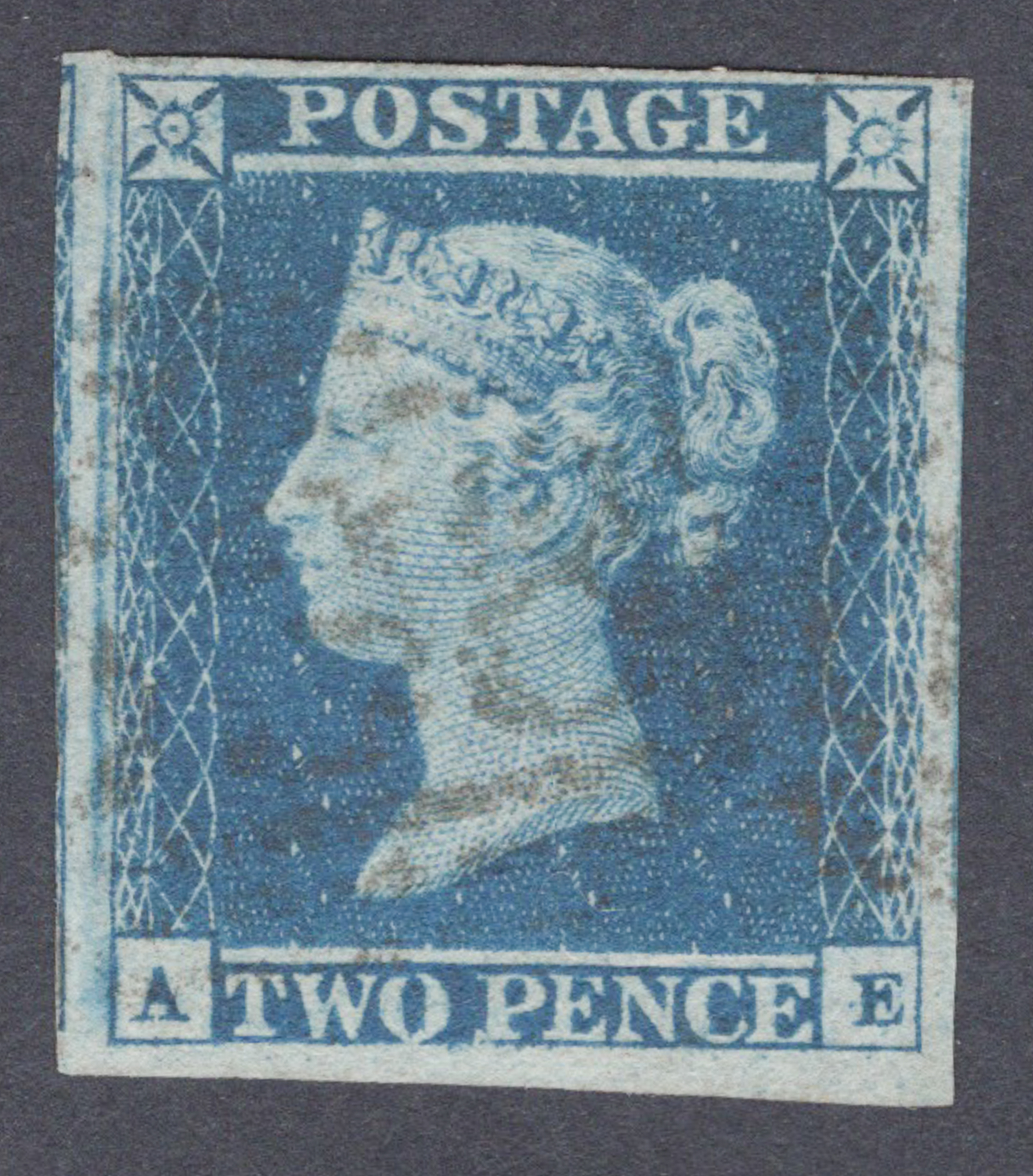 1841 2d Blue (Plate 4) Lettered A-E First Repair On Thin Paper
