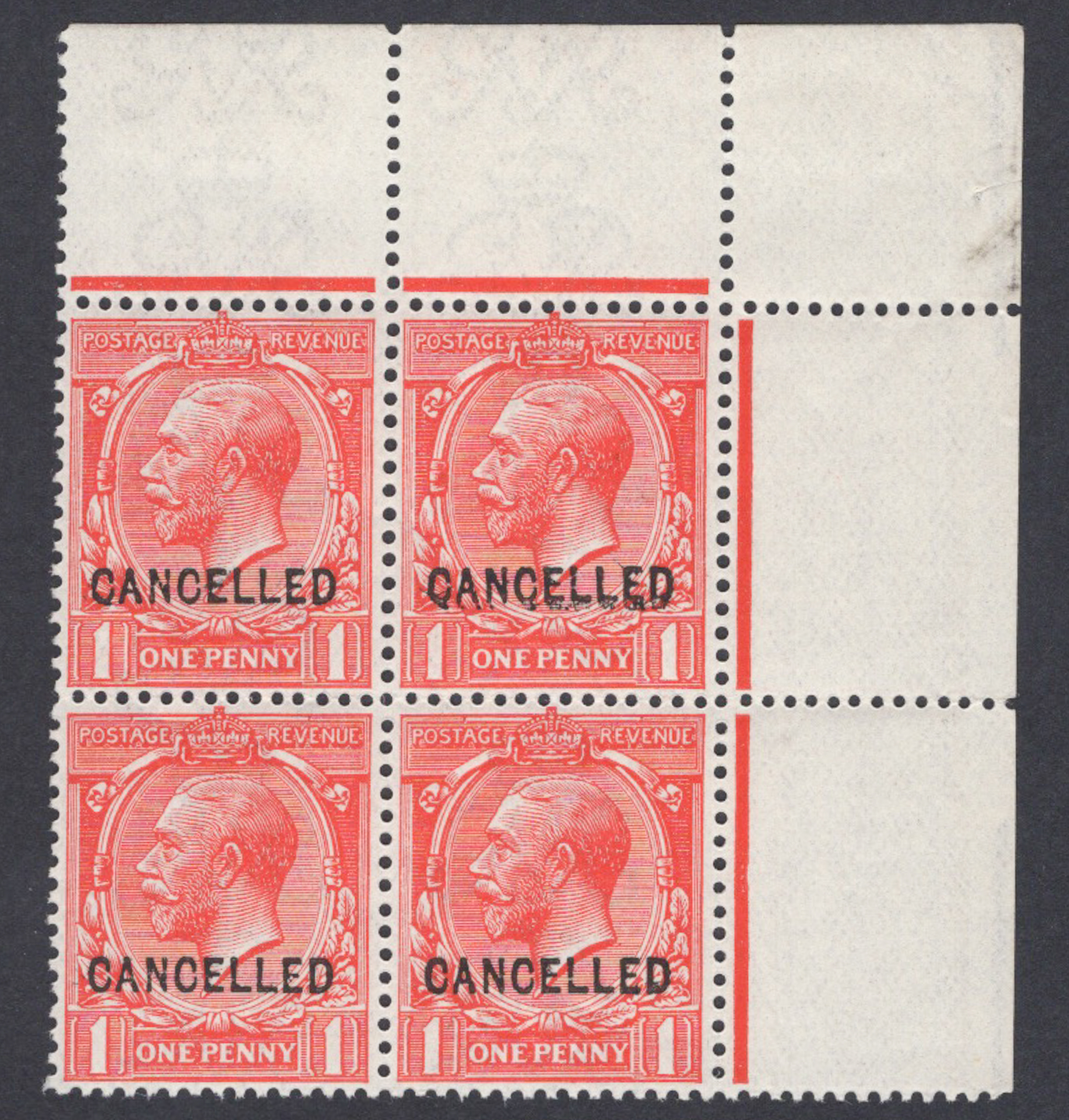 1912 1d Bright Scarlet Block CANCELLED