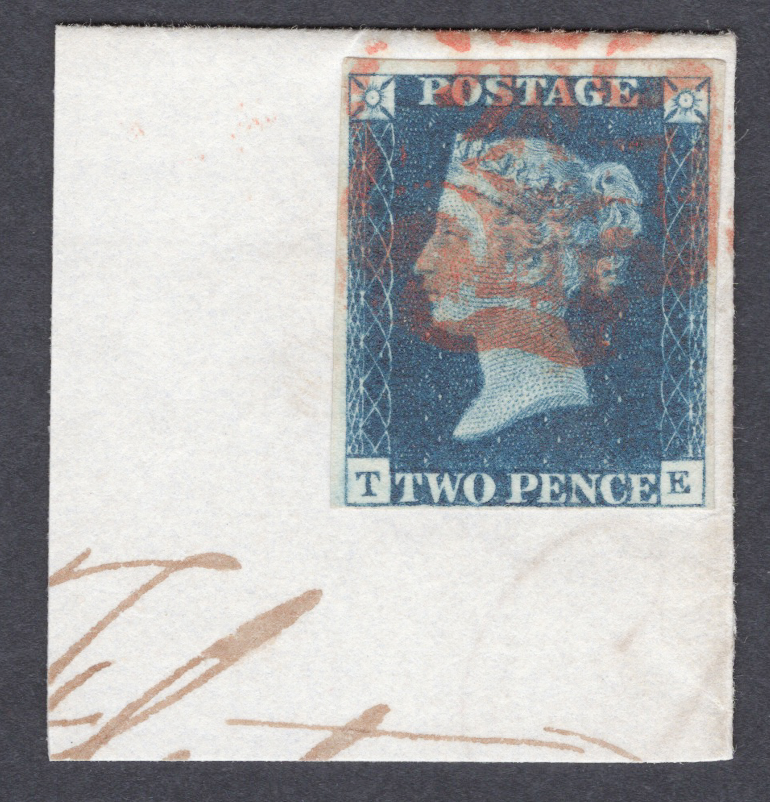1840 2d Blue (Plate I) Lettered T-K Used On Large Piece